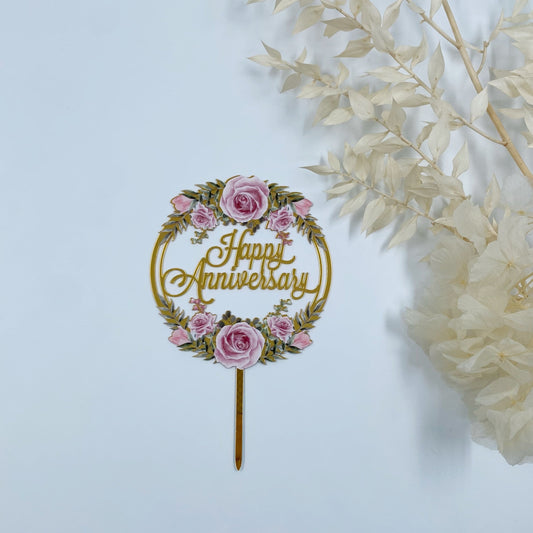 Happy Anniversary Cake Topper (Pink Floral Design)
