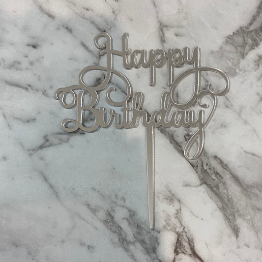Happy Birthday Cake Topper - Silver